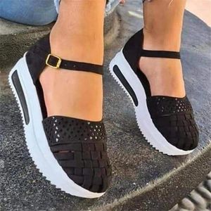 Casual Schuhe Sommer 422 Mode Frauen Sandalen Weben Hohl Schnalle Slip auf Atmungsaktive Koreanische 2024 Bequeme Gelbe Plattform