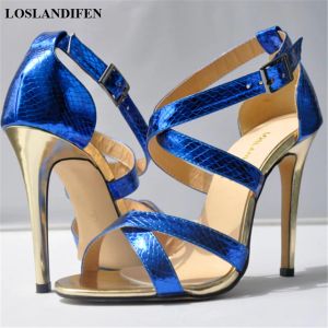 Sandals Metal Heel Sexy Crocodile Pattern/Patent Leather Women Sandals 2023 New Open Toe Cross High Heels Dress Party Shoes Woman