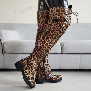 Boots Laigzem Women Over Knee Boots Handmade Mid Heels Boots Side Zip Unissex Round Toe Sapatos Lady Shiny Mulher Big Size 33 38 44 46 50