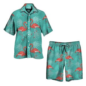 Flamingo Baskı Erkekler Takım 3d Baskı Gömlek Plaj Şortları Büyük Boy Lüks 2 PCS Set Tatil Hawaii Street Giyim Moda Adam Takım 240321