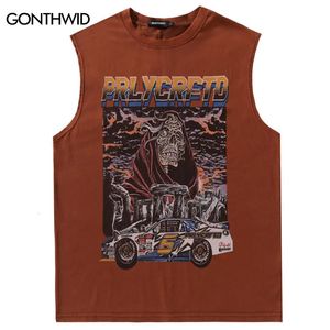 Vintage Sleeveless T-Shirt Vest Y2K Hip Hop Retro Racing Car Skull Graphic Print Punk Gothic Tank Tops Harajuku Washed Tshirt 240321