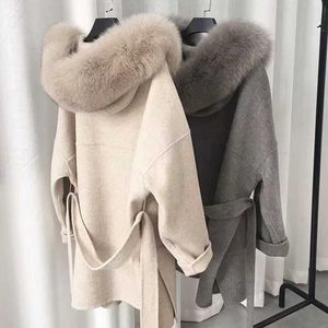 Hot Selling Winter Double Layer Cashmere Coat Women Fashion Wool Fox Päls Jackor Bälte rockar