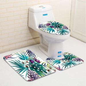 Tapetes de banho conjunto de 3 folhas tapetes de banheiro tropical floresta tropical palma verde baixa pilha memória espuma tapete toalete capa em forma de u