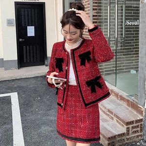 Work Dresses Women Autumn/Winter Red Tweed Ladies Plaid Suits Female Bow Coat Skirt Two-Piece Sets