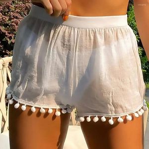 Kvinnors shorts sommar avslappnad snygg strand med plysch bolldekor hög elastisk midja snabb torr täckning för