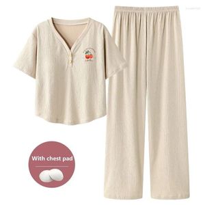 Women's Sleepwear 2PCS/Set With Chest Pad Women Pajamas Spring Summer Knit Cotton Cute Print Short Sleeve Pyjamas Female Home Suit M-4XL