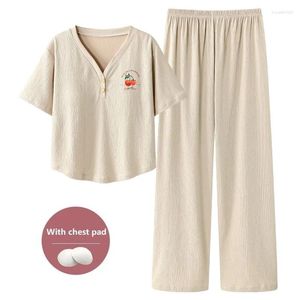 Kadın pijama 2pcs/göğüs pedi ile set kadın pijamalar bahar yaz örtü sevimli baskı kısa kollu pijamalar kadın ev takım elbise m-4xl