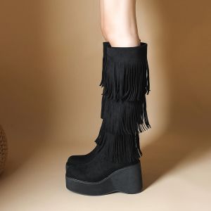 Buty okrągłe stóp zamszowe wysokie buty Zwiększone grube dolne 8 cm klinowe wysokie obcasy długie buty Kobiety botki botki Tassel