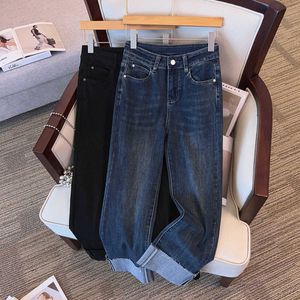 High Waisted Straight Leg Elastic Jeans for Womens Spring 2024 New Fat Mm Slimming Oversized Fashionable Rolled Edge Casual Pants