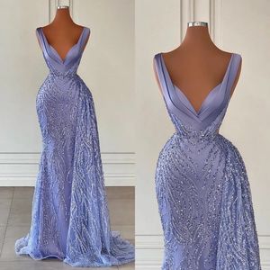 Stunning grape Mermaid evening dresses elegant pleats beads skirt promdress v neck dresses for special occasions floor length robe de soiree