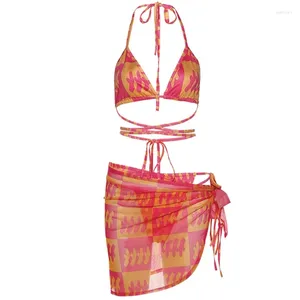 Damenbadebekleidung 2024 Frauen Sexy 3 Stück Kontrastfarbe Plaid Bikini Set Halter Brasilianischer Badeanzug mit Sarong Cover Up Strandrock Baden