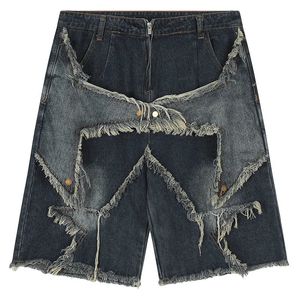 Harajuku Vintage Funktionelle bestickte Sternmuster Denim Shorts Herren Übergroße Sunny Bermuda Casual Shorts College Hose Y2K 240319