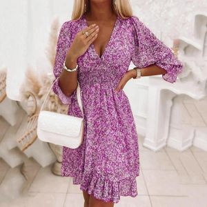 Party Dresses Floral Print Dress Bohemian Mini With Ruffle Edge V Neck Women's A-Line Summer Beach Vacation Outfit