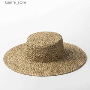 ワイドブリム帽子バケツ帽子卸売トップハンドウーブン織り女性サンハット天然帽子夏のビーチハットダービー麦わら帽子チャペューフラットキャップL240322