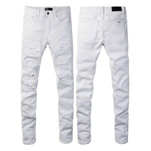 American style high street distressed patch live broadcast with retro white classic elastic jeans