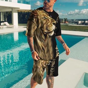 Tracki męskie 2024 Summer Sportswear 3D Animal Tiger Print Druk swobodna koszulka z krótkim rękawem i szorty 2-częściowy zestaw modny