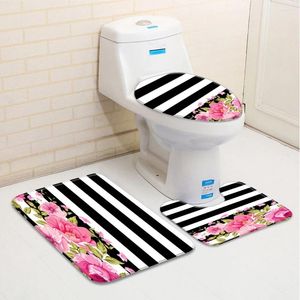 Tappetini da bagno Set tappetini floreali Strisce bianche nere Floreale rosa Foglie verdi Piante Tappeto a pelo basso in flanella Copriwater Tappeto a forma di U