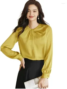 Women's Blouses 2024 Korean Office Shirt Autumn Satin Front Neck Pleated Temperament Top Back Button Design