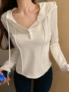 Deeptown Korean Style Slim Crop Hoodies Women Pullovers Kpop Solid Hooded Sweatshirt White Long Sleeve Tops Autumn Fashion 240318
