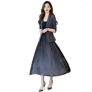 Work Dresses YASUGUOJI Formal Single Breasted Blazer With Pleated Dress Suits Women Slim Fit 2 Piece Grey Sets Suit Elegant