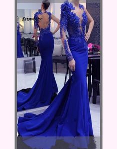One Shoulder Mermaid Evening Dresses Long Sleeve Lace Beads Backless Royal Blue Formal Dress Party Prom Gown Robe De Soiree4425714