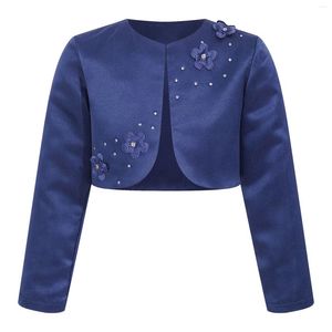 Jackor Kids Girls Bolero Rhinestone Satin Short Coat Long Sleeve Open Front Fullt Foder skuldra Cardigan Dress Accessory