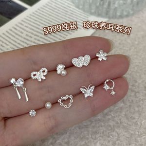 999 Sterling Silver Exquisite Zircon Love Ear Studs for Female Ins Junior High Sense Overlay Edition Sweet Jewelry