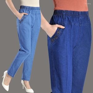 Kadın kot pantolon büyük boy yüksek bel düz kadın ayak bileği uzunluğu pantolon bahar sonbahar bayanlar elastik gevşek nakış denim pantolon 5xl