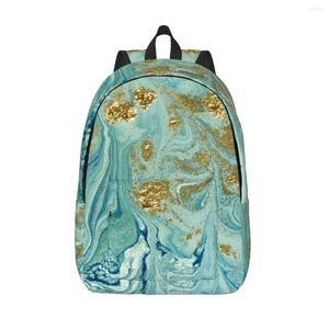 Backpack Men Women Large Capacity School For Student Blue And Golden Abstract Liquid Marble Background Bag