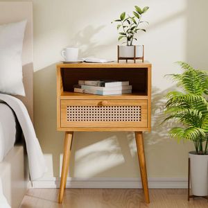 Vine Made Bedside Modern Wooden Side Table, Bedroom, Living Room, Small End Table with Long Solid Wood Leg Drawers and Open Shees