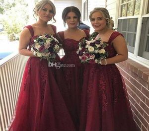 New Cheap Bridesmaid Dresses Burgundy Tulle Cap Sleeves Lace Appliques Long Summer Beach For Wedding Guest Dress Maid of Honor Gow8110086