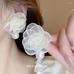 Studörhängen Pure White Lace Pearl 2024 Est Fresh Sweet Fairy Style Silk Ear Studs Wedding For Women Bridesmaid Jewelry