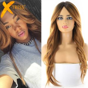 Siyah kadınlar için sentetik peruklar uzun dalgalı yan parça saç peruk ile patlama ombre kahverengi renk doğal yumuşak cosplay saç modeli xtress