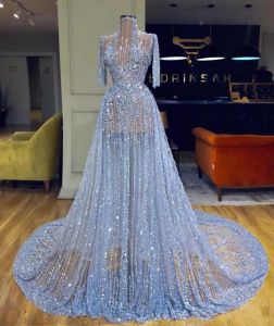 Sexy Sky Blue Prom Dresses Illusion Bodice Sequins Beaded High Collar 3/4 Long Sleeves Evening Party Gowns Formal Occasion Wear