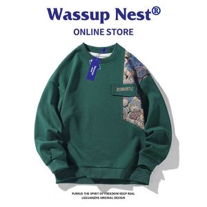 Wassup china-chique bordado em torno do pescoço camisola para homens primavera e outono 2024 nova marca de moda americana grandes roupas soltas