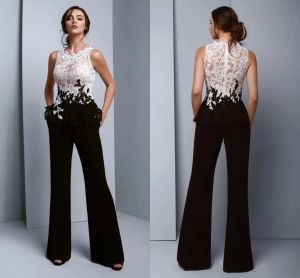 Chic Preto e Branco Vestidos de Baile Elegante Macacão Vestido de Noite Ver Através Top Lace Pansuit Mulheres Graduação Festa Calças Robes Formais de