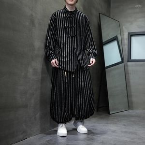 Men's Casual Shirts Men Chinese Vintage Velvet Long Sleeve Loose Stripe Wide Leg Pants Sets Man Oversized Harem Pant Suits