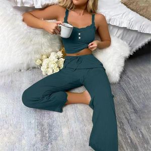 Zweiteilige Damen-Pyjama-Hose, leichtes Pyjama-Set, elegantes, bauchfreies Oberteil mit Blumenmuster für Damen, V-Ausschnitt, Kordelzug, Loungewear mit hoher Taille, langes Camisole