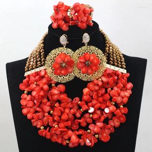 Necklace Earrings Set Melon Seeds Natural Coral Beads Wedding Jewelry Layers Chunky And Crystal Bib Bridal CNR357