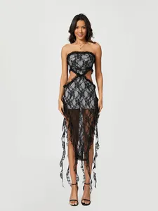 Casual Dresses Women Y2k Strapless Lace Dress Ruffle Off Axla Bodycon Long Tassel Hem See Through Maxi Summer Beach Wear