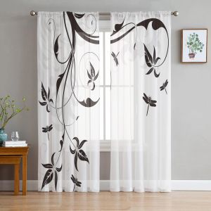 Cortinas de tule com estampa de ramos de libélula, cortina transparente para quarto de meninos e meninas, sala de estar, cozinha, gaze