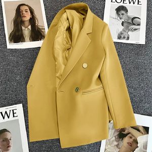 Biuro Lady Elegancki pojedynczy guzika dla kobiet jesienne długie rękaw Symulowane kurtki Winter Casual Chic Tops Coats 240321