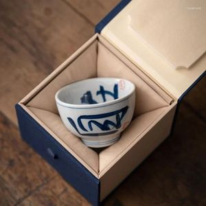 Tea Cups Retro Cup Handwritten Blue White Master Ceramic Kung Fu Set Single Arhat Teaware Kitchen Dining Bar Home Garden