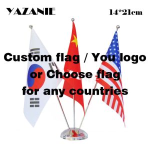 Accessories YAZANIE 14*21cm You Logo Custom Flag Country Table Desk Flag with Stainless Steel Base Flag Pole Holder Stand Base Desktop Stick