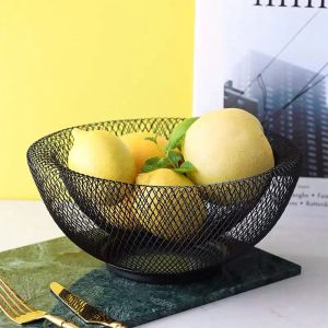 Cestas malha de metal criativo bancada frutas lanches cesta tigela suporte para cozinha, grande preto decorativo mesa central titular para b