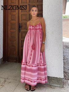 NLZGMSJ TRAF - Kvinnor Bohemian Midi Dress Vacation Charm Splice Sticked Vintage Strap Dress Women Vestidos Mujer 240321