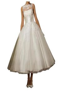 Elegant Sleeveless Wedding Dresses Country Style High Neck Lace Appliques V Back A Line Tea Length Bridal Gowns Custom Made Cheap8658394