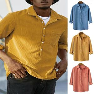 Camisas casuais masculinas camisa de cor sólida lapela manga comprida listrada com bolso de remendo macio respirável pulôver top para outono ajuste solto