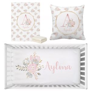 Lvyziho conjunto de cama floral dourado com nome personalizado, presente de aniversário para chá de bebê infantil 240313