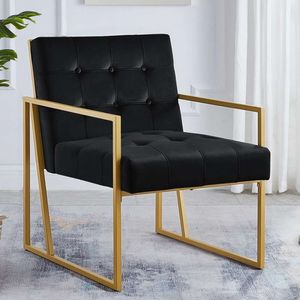 F Modern Veet Button Plush with Gold Metal Bracket, Living Room and Bedroom Decoration Furniture Chair - Black